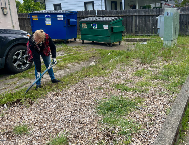 Co-op volunteer Cheryl clearing weeds at Prime Market in Ukiah